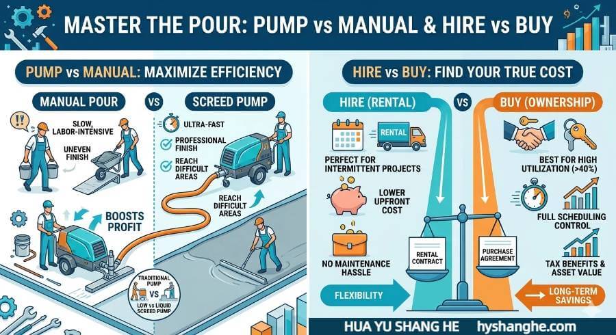 Infographic comparing Floor Screed Pump vs manual pouring efficiency and a financial breakdown of hiring vs buying a screed pump for construction projects.